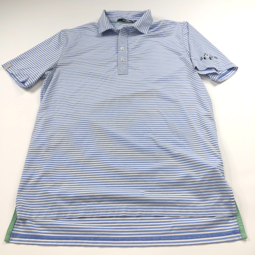 RLX Ralph Lauren Wicking MED Golf SS Stretch Button Polo Striped Shirt LOGO Blue